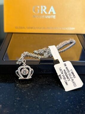 Moissanite Diamond “Floating Stone” White Gold Plated King/Queen Crown Necklace